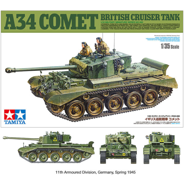 tamiya 35380 British Cruiser Tank A34 Comet 1/35 Kit en plástico para montar y pintar. Cadenas por tramos y eslabones. Incluye 2 figuras de carristas británicos. Hoja de calcas con 2 decoraciones.