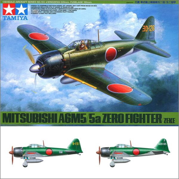 tamiya 61103 Mitsubishi A6M5/5a Zero Fighter Zeke 1/48 Kit en plástico para montar y pintar. Incluye 4 figuras de pilotos de pie y 1 piloto sentado. Hoja de calcas con 3 decoraciones.
