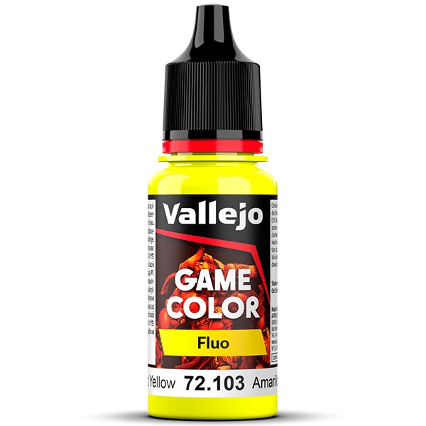 vallejo game color 72103 Amarillo Fluorescente - Fluorescent Yellow La gama de colores fluorescentes es óptima para aplicar efectos especiales de iluminación en las figuras, vehículos y escenarios.