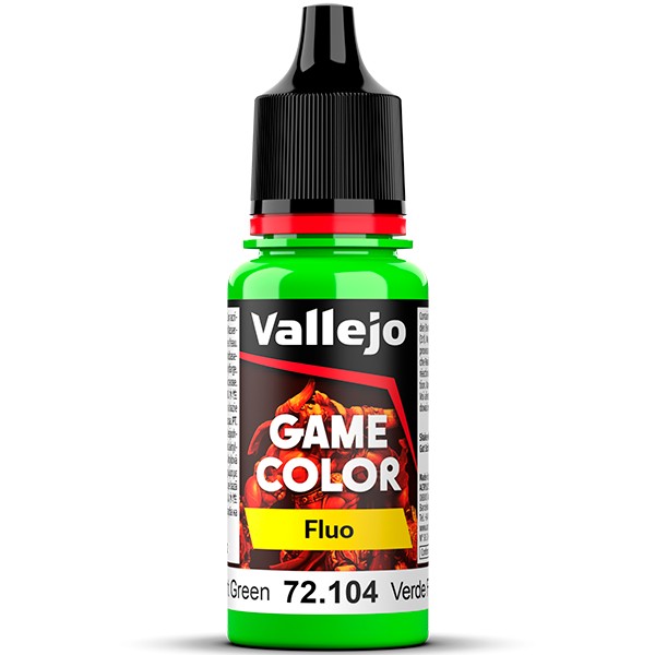 vallejo game color 72104 Verde Fluorescente - Fluorescent Green La gama de colores fluorescentes es óptima para aplicar efectos especiales de iluminación en las figuras, vehículos y escenarios.