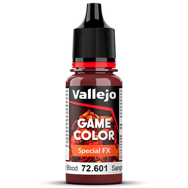 Vallejo game color 72601 Sangre Fresca - Fresh Blood La gama Special FX se ha desarrollado para poder reproducir diferentes efectos orgánicos como sangre, bilis, vómito o de desgaste como verdín, óxido o corrosión sobre nuestras miniaturas, vehículos y escenarios.