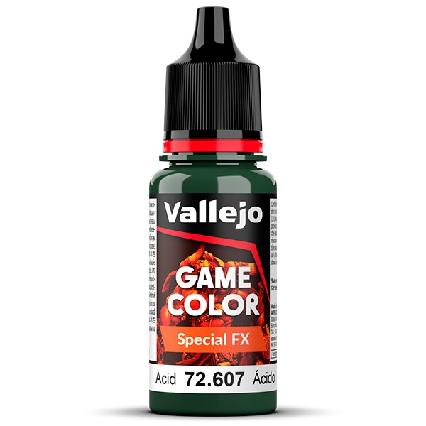 vallejo game color 72607 Ácido - Acid La gama Special FX se ha desarrollado para poder reproducir diferentes efectos orgánicos como sangre, bilis, vómito o de desgaste como verdín, óxido o corrosión sobre nuestras miniaturas, vehículos y escenarios.