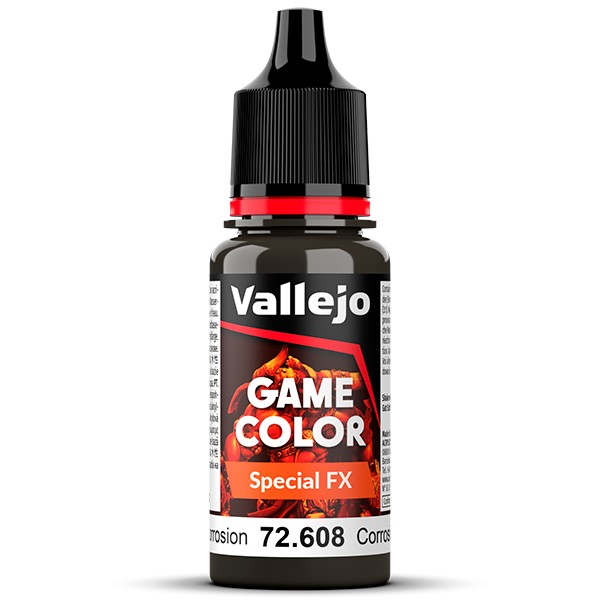 vallejo game color 72608 Corrosión - Corrosion La gama Special FX se ha desarrollado para poder reproducir diferentes efectos orgánicos como sangre, bilis, vómito o de desgaste como verdín, óxido o corrosión sobre nuestras miniaturas, vehículos y escenarios.