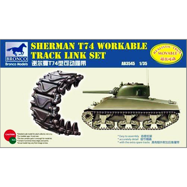 bronco model 3545 Sherman T74 Workable track link set Cadenas articuladas en plástico inyectado, permanecen articuladas.
