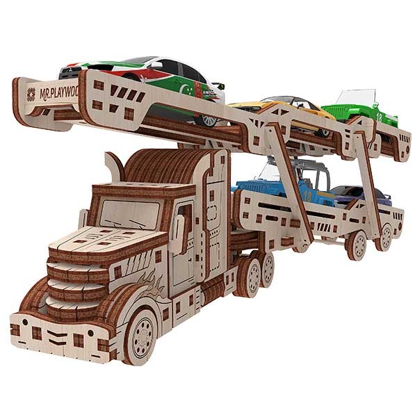 Trailer Portacoches Kits de construcción en madera contrachapada de alta calidad con las piezas precortadas. Fácil montaje sin pegamento, un gran entretenimiento para toda la familia.