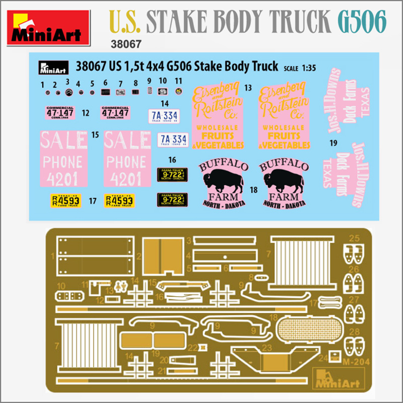miniart 38067 U.S. Stake Body Truck G506 Kit en plástico para montar y pintar. Incluye piezas en fotograbado. Hoja de calcas con 4 decoraciones por Cartograf. Escala 1/35