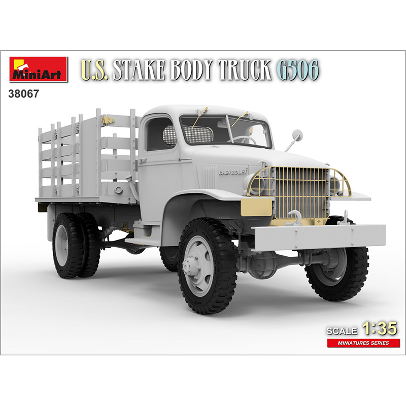 miniart 38067 U.S. Stake Body Truck G506 Kit en plástico para montar y pintar. Incluye piezas en fotograbado. Hoja de calcas con 4 decoraciones por Cartograf. Escala 1/35