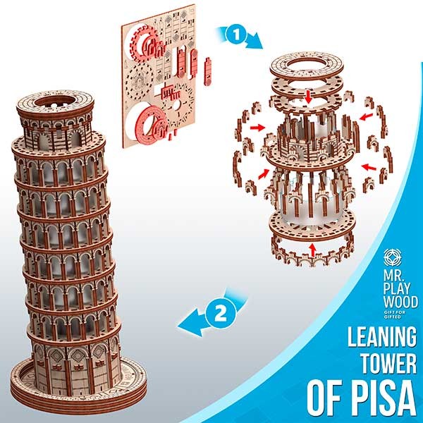 Mr. Playwood Torre de Pisa Kits de construcción en madera contrachapada de alta calidad con las piezas precortadas. Fácil montaje sin pegamento, un gran entretenimiento para toda la familia.