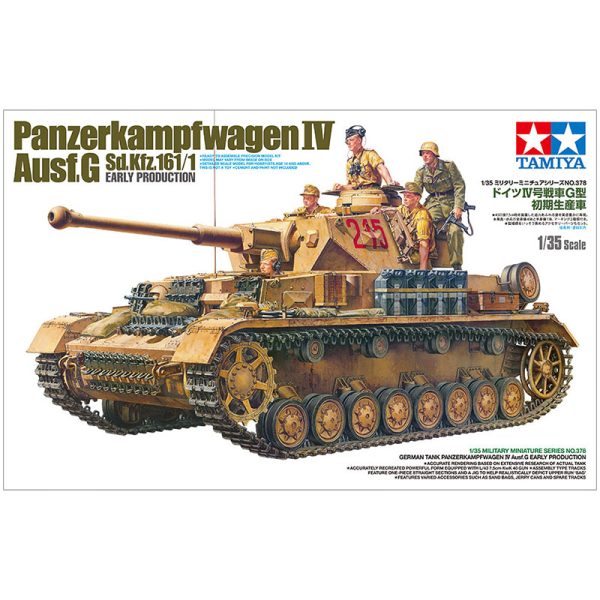 tamiya 35378 Pz.IV Ausf.G Early Production 1/35 kit en plástico para montar y pintar. Cadenas por tramos y eslabones. Incluye 5 figuras de tripulación y diverso equipo. Hoja de calcas con 2 decoraciones.