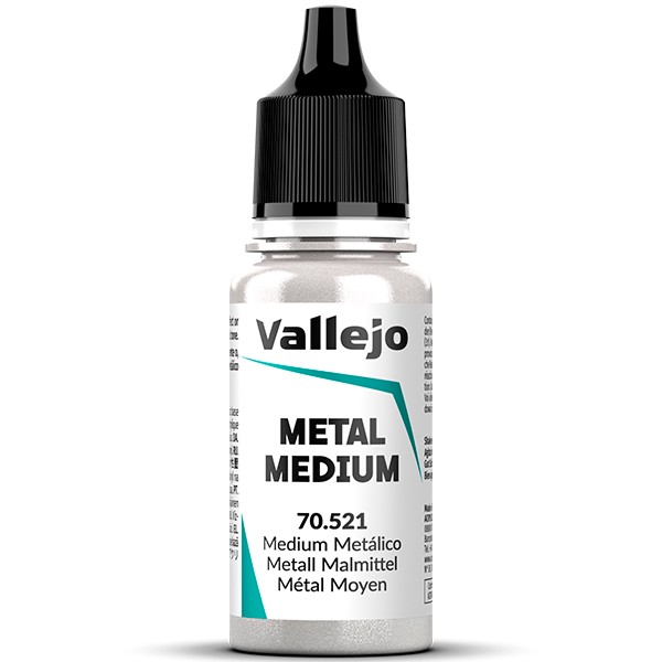 vallejo 70521 Medium Metálico - Metal Medium Metal Medium es un medium acrílico con mica, que se puede mezclar con los colores para crear reflejos nacarados o utilizar sólo para conseguir efectos plateados e iridiscentes. Los colores se presentan en botellas de 18 ml.