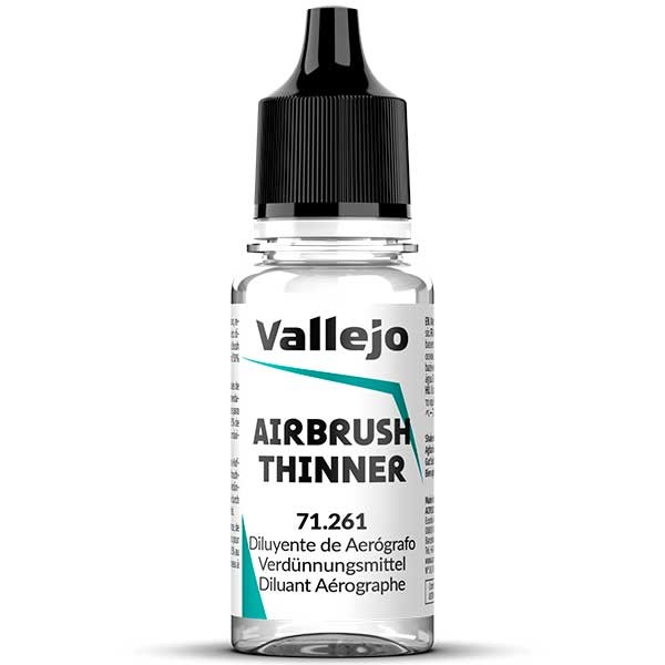 vallejo 71261 Diluyente de Aerógrafo - Airbrush Thinner 18ml Diluye el color sin perder las cualidades de adhesión, dureza y consistencia. Los colores se presentan en botellas de 18 ml.