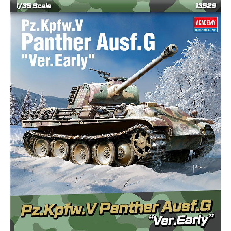 academy 13529 Pz.Kpfw.V Panther Ausf.G Early Prod. Kit en plástico para montar y pintar. Incluye fotograbados y cadenas por tramos y eslabones. Hoja de calcas con 7 decoraciones.
