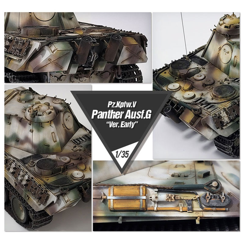 academy 13529 Pz.Kpfw.V Panther Ausf.G Early Prod. Kit en plástico para montar y pintar. Incluye fotograbados y cadenas por tramos y eslabones. Hoja de calcas con 7 decoraciones.