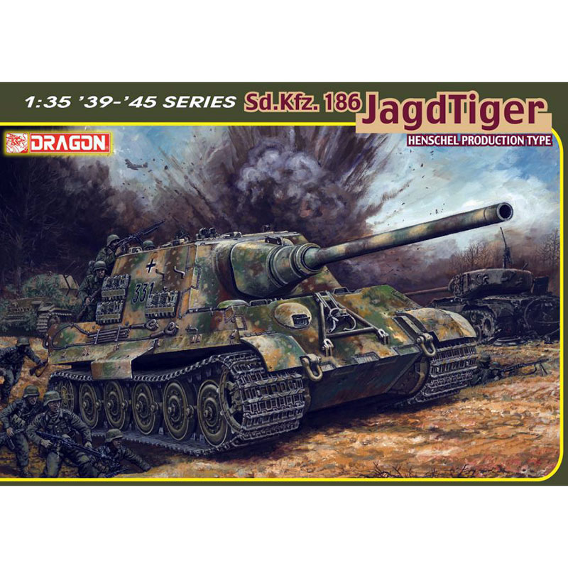 dragon 6991 Jagdtiger Sd.Kfz.186 Henschel Production Type Kit en plástico para montar y pintar. Incluye piezas en fotograbado, cañón torneado en metal y cadenas por eslabones individuales. Bonus 5 figuras de tripulación.