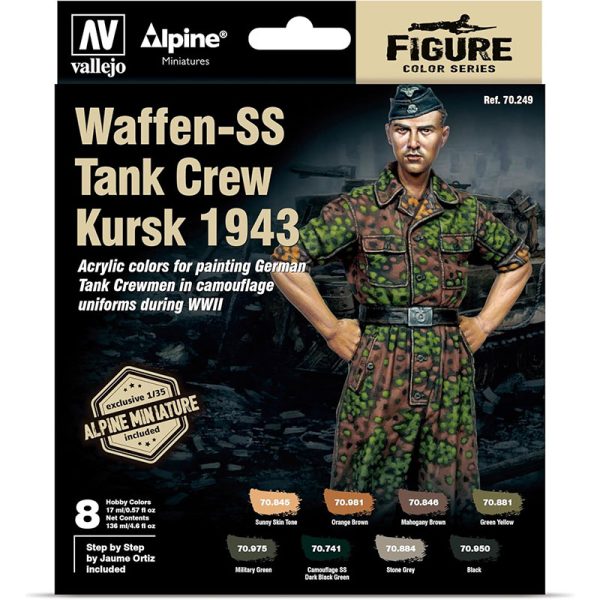 vallejo 70249 Waffen-SS Tank Crew Kursk 1943 Este set contiene una selección de colores y guía de pintura para pintar el camuflaje de hojas de roble. Además incluye una figura exclusiva de Alpine Miniatures escala 1/35