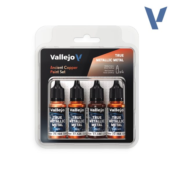 77253 Set Cobre Antiguo Un tono metálico rojizo con carácter envejecido, ideal para metales gastados, reliquias o como complemento a dorados. Set de 4 colores True Metallic Metal de 18ml
