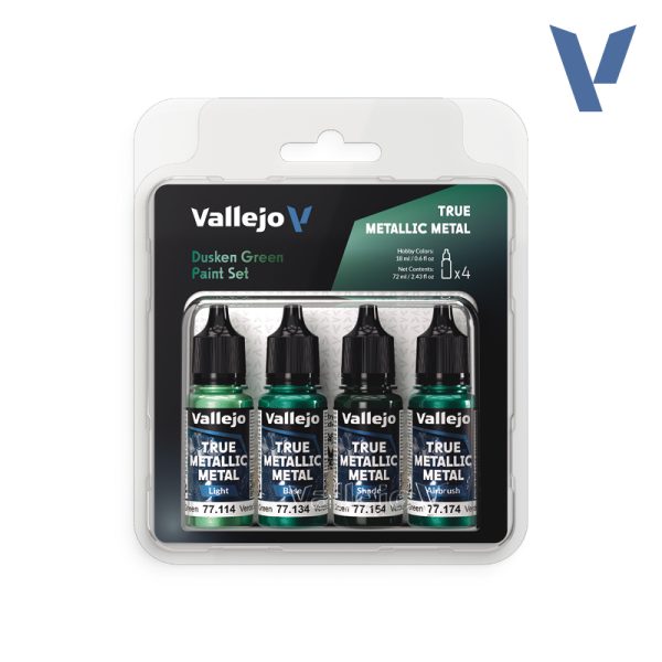 77257 Set Verde Sombrío Un verde oscuro con matices fríos, ideal para metales antiguos, artefactos o acabados misteriosos. Funciona especialmente bien en esquemas apagados y realistas, o en combinación con tonos tierra. Set de 4 colores True Metallic Metal de 18ml
