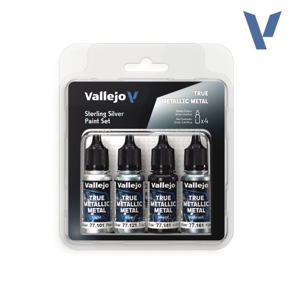 vallejo77251 Set Plata de Ley - Sterling Silver Paint Set Un plata neutro y puro que funciona como tono metálico para cualquier propósito. Ideal para armaduras, armas, maquinaria o como base para mezclar con otros colores. Set de 4 colores True Metallic Metal de 18ml
