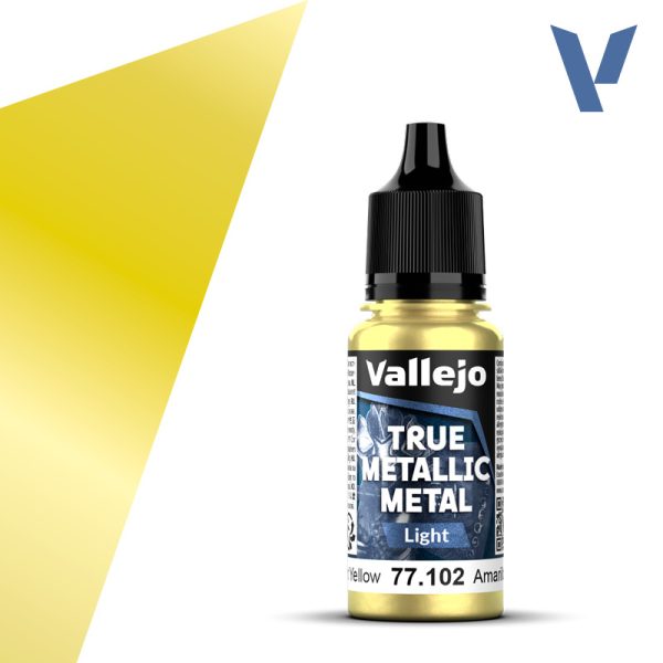 vallejo true metallic metal 77.102 Amarillo Radiante - Radiant Yellow 18ml Para iluminar los colores Base. Versión más luminosa que el tono Base. Pueden mezclarse en diferentes proporciones para conseguir luces intermedias.