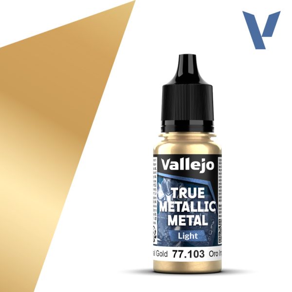 vallejo true metallic metal 77.103 Oro Imperial - Imperial Gold 18ml Para iluminar los colores Base. Versión más luminosa que el tono Base. Pueden mezclarse en diferentes proporciones para conseguir luces intermedias.