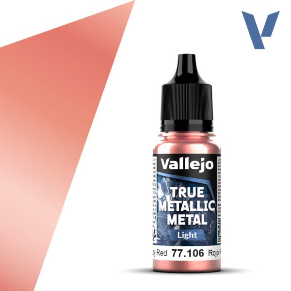 vallejo true metallic metal 77.105 Rojo Rubí - Ruby Red 18ml Para iluminar los colores Base. Versión más luminosa que el tono Base. Pueden mezclarse en diferentes proporciones para conseguir luces intermedias.