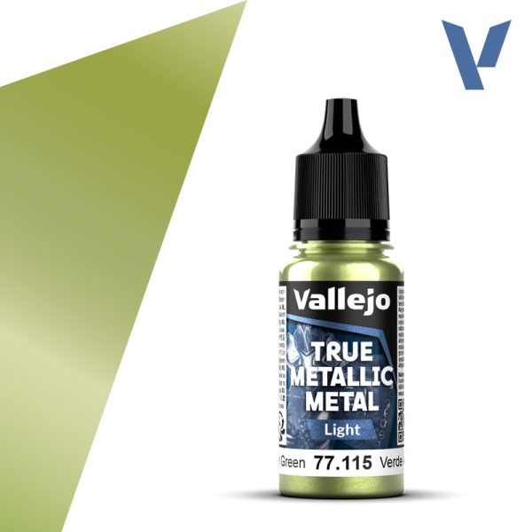 vallejo true metallic metal 77.115 Verde Ámbar - Amber Green 18ml Para iluminar los colores Base. Versión más luminosa que el tono Base. Pueden mezclarse en diferentes proporciones para conseguir luces intermedias.