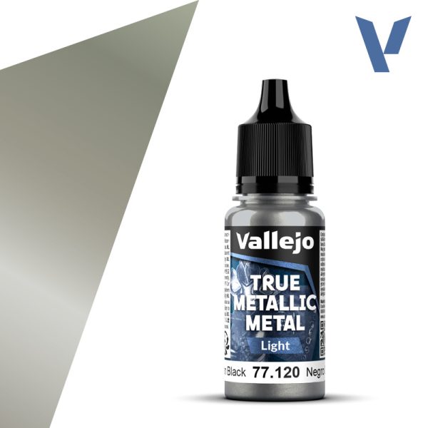 vallejo true metallic metal 77.120 Negro Obsidiana - Obsidian Black 18ml Para iluminar los colores Base. Versión más luminosa que el tono Base. Pueden mezclarse en diferentes proporciones para conseguir luces intermedias.