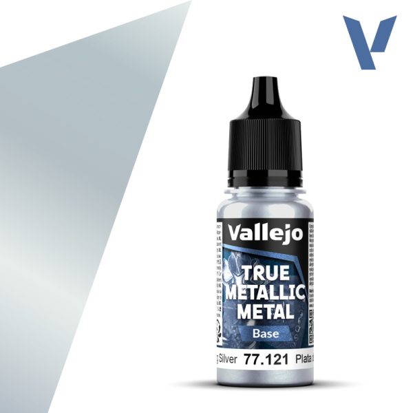 vallejo true metallic metal 77.121 Plata de ley - Sterling Silver 18ml Alto poder de cubrición para capas base, con acabado suave y homogéneo y gran capacidad auto-nivelante. Puedes mezclar los colores entre sí para conseguir nuevos tonos.
