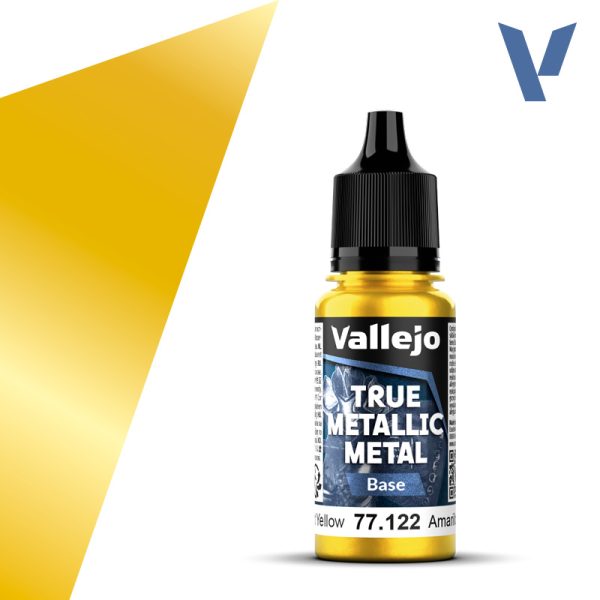vallejo true metallic metal 77.122 Amarillo Radiante - Radiant Yellow 18ml Alto poder de cubrición para capas base, con acabado suave y homogéneo y gran capacidad auto-nivelante. Puedes mezclar los colores entre sí para conseguir nuevos tonos.
