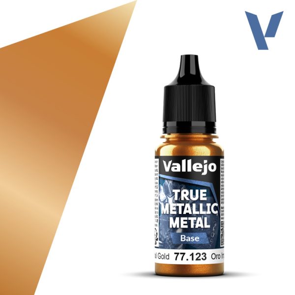 vallejo true metallic metal 77.123 Oro Imperial - Imperial Gold 18ml Alto poder de cubrición para capas base, con acabado suave y homogéneo y gran capacidad auto-nivelante. Puedes mezclar los colores entre sí para conseguir nuevos tonos.