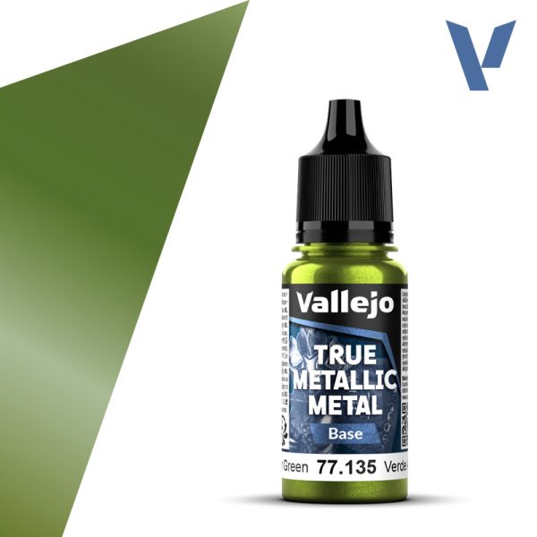 vallejo true metallic metal 77.135 Verde Ámbar – Amber Green 18ml Alto poder de cubrición para capas base, con acabado suave y homogéneo y gran capacidad auto-nivelante. Puedes mezclar los colores entre sí para conseguir nuevos tonos.