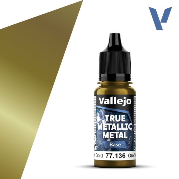 vallejo true metallic metal 77.136 Oro Verde – Greenish Gold 18ml Alto poder de cubrición para capas base, con acabado suave y homogéneo y gran capacidad auto-nivelante. Puedes mezclar los colores entre sí para conseguir nuevos tonos.