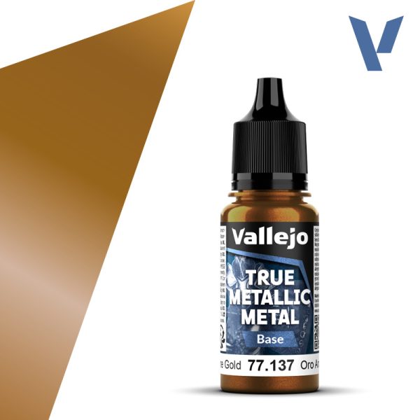 vallejo true metallic metal 77.137 Oro Arcano – Arcane Gold 18ml Alto poder de cubrición para capas base, con acabado suave y homogéneo y gran capacidad auto-nivelante. Puedes mezclar los colores entre sí para conseguir nuevos tonos.