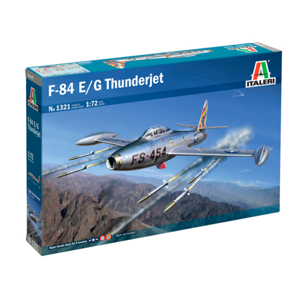 italeri 1321 F-84E/G Thunderjet 1/72 Kit en plástico para montar y pintar. Longitud: 161mm Hoja de calcas con 4 decoraciones.