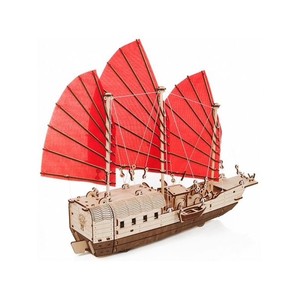 Barco Djong 246 piezas Maqueta mecánica 3D del barco asiático Djong con motor de goma. Se suministra con dos juegos de velas: roja y blanca.