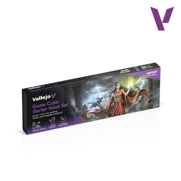 72215 vallejo Game Color Starter Value Set Un Set pensado para ofrecer todo lo necesario en un formato optimizado, incluye: 10 pinturas Game Color, 1 pincel sintético de alta calidad y 1 miniatura exclusiva inspirada en la fantasía más clásica, para dar tus primeros pasos en este hobby.