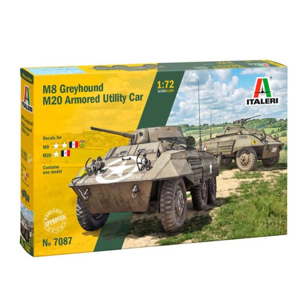 italeri 7087 M8 Greyhound / M20 Armored Utility Car Kit en plástico para montar y pintar. Se puede montar como un M-8 o un M-20. Hoja de calcas para 6 decoraciones.