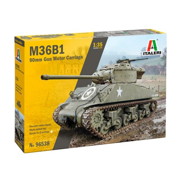 italeri 96538 M36B1 90mm Gun Motor Carriage Kit en plástico para montar y pintar. Incluye fotograbado y 2 tipos distintos de cadenas en banda de goma. 1/35