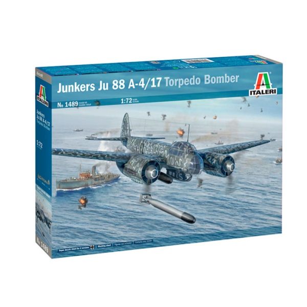 italeri 1489 Junkers Ju 88 A-4/17 Torpedo Bomber Kit en plástico para montar y pintar. Hoja de calcas con 4 decoraciones Luftwaffe y mascaras para el cockpit.