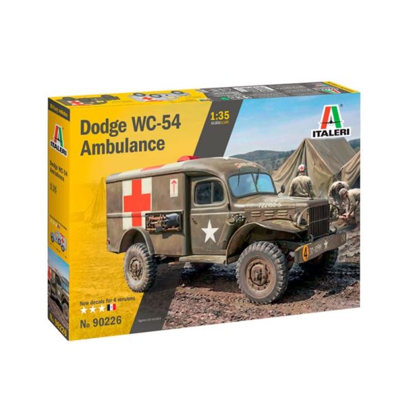 italeri 90226 Dodge WC54 Ambulance Kit en plástico para montar y pintar. Incluye fotograbado y 2 tipos distintos de cadenas en banda de goma. Hoja de calcas con 4 decoraciones: US Army, US Navy y Free French Army. 1/35